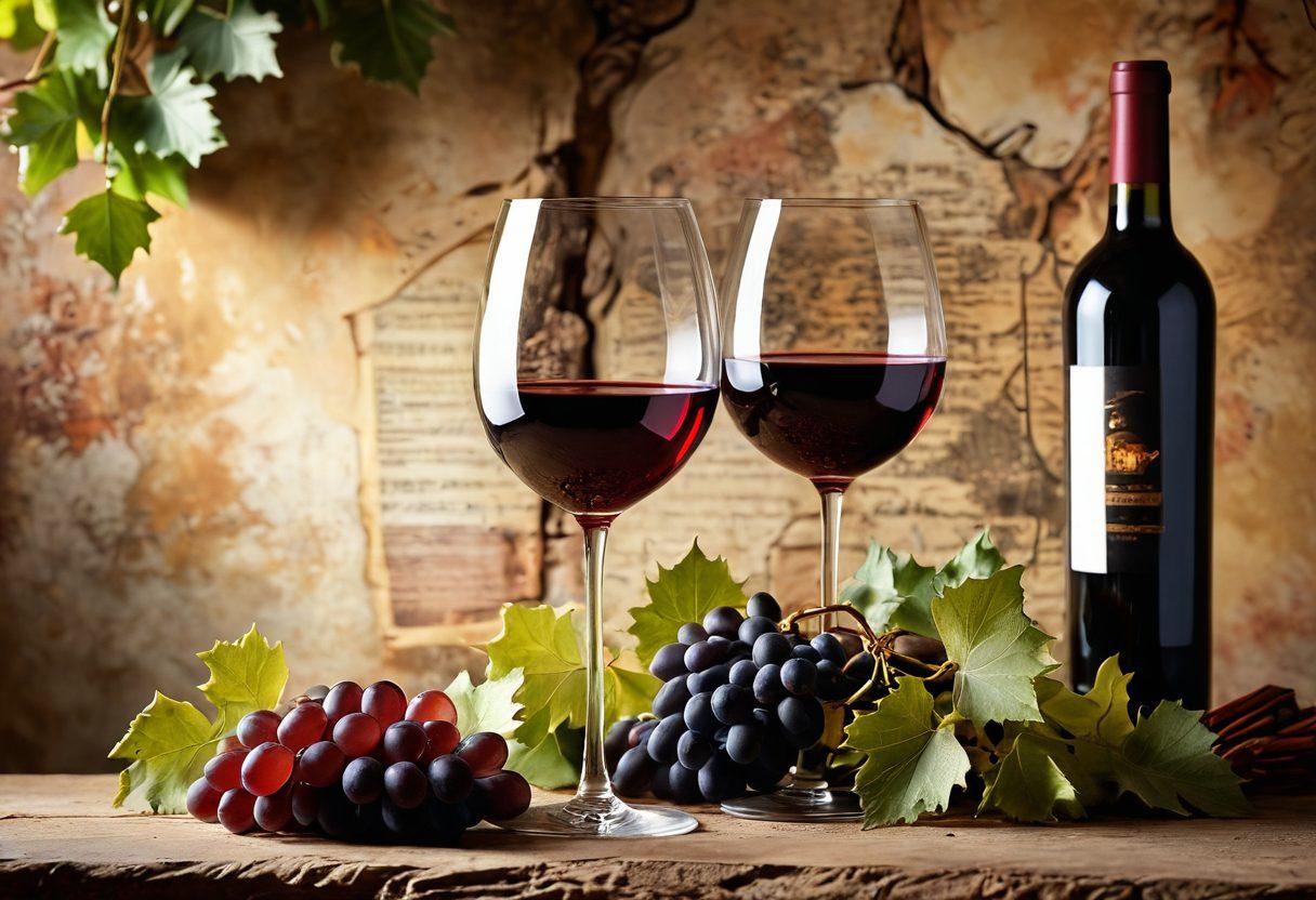 A beautifully styled wine glass filled with rich, deep red wine, set against an ancient stone backdrop. Surrounding the glass are faintly visible historical artifacts, like parchment scrolls and vintage maps, hinting at various cultures' winemaking traditions. Soft golden light shimmers through the wine, creating a nostalgic ambiance. Incorporate grapes and vine leaves artistically arranged at the base. super-realistic. vibrant colors. warm lighting.