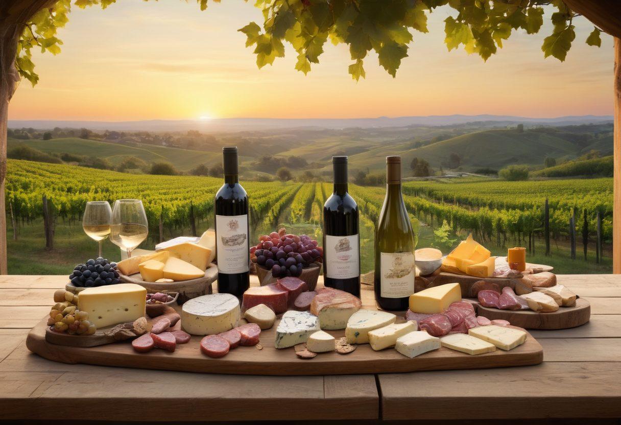 A rustic wooden table set under a warm sunset, showcasing a variety of vintage wine bottles with elegant labels, surrounded by grapevines and small dishes of gourmet cheeses and charcuterie. A gentle breeze rustles the leaves, creating an inviting atmosphere. The backdrop features rolling hills of a vineyard in the distance. super-realistic. warm tones. natural light.