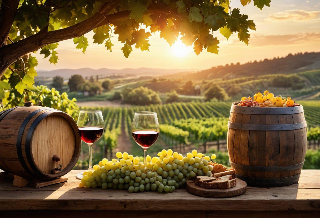 A picturesque vineyard under a golden sunset, featuring clusters of ripe grapes hanging from lush green vines. In the foreground, a weathered wooden barrel spills over with fresh wine, symbolizing the journey from grape to glass. Soft rays of sunlight illuminate a nearby rustic table, adorned with wine glasses, cheese, and artisanal bread, inviting viewers to connect with the rich tradition of wine-making. The ambiance conveys a sense of nostalgia and unity through shared experiences. super-realistic. vibrant colors. warm tones.